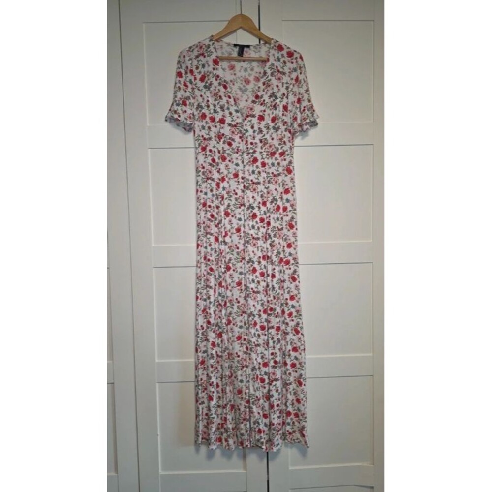 Forever 21 Floral Maxi Dress Size M White Red Pink Tie Waist